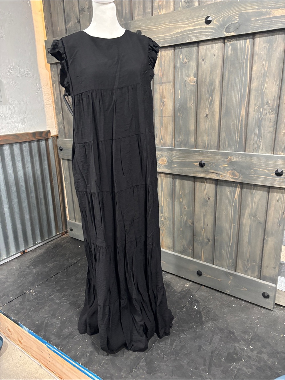 English Factory Black Tiered Maxi Dress with Ruffle Sleeves